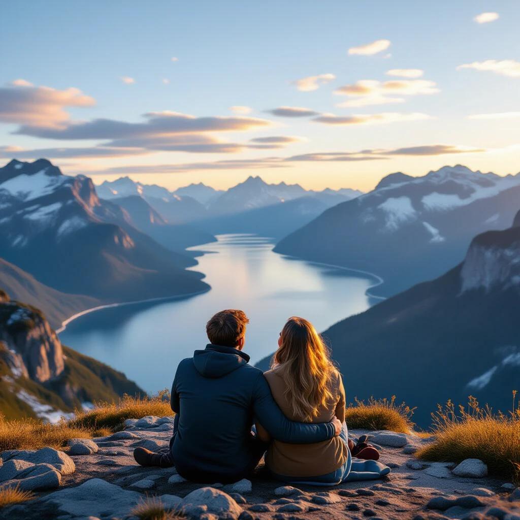 Couple admires sunset over a vast mountain lake. Scene captures a moment of awe in nature. Hyper-realistic and cinematic illustration. High definition image.