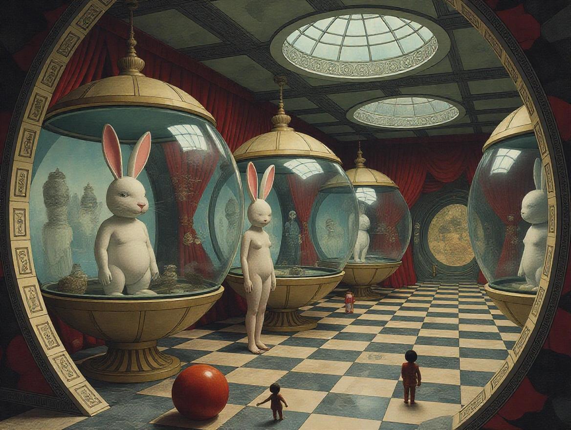 Surreal scene with large spherical structures. Inside these spheres are characters, including a large anthropomorphic rabbit. A human figure is also present. The scene has a muted color palette and even lighting, creating an impression of mystery and wonder.