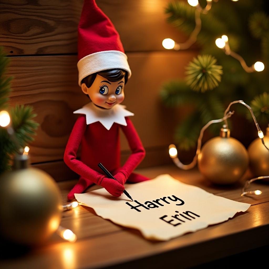 The image features an Elf on the Shelf character with a cheerful expression. The elf is dressed in a red suit and white collar and is sitting at a wooden table. In front of the elf is a piece of parchment with the names "Harry" and "Erin" written on it. The setting is festive, adorned with golden ornaments and string lights, creating a warm, inviting atmosphere. The elf is using a writing wand to add a magical touch to the scene. This evokes feelings of holiday joy and whimsy, making it perfect for the Christmas season.