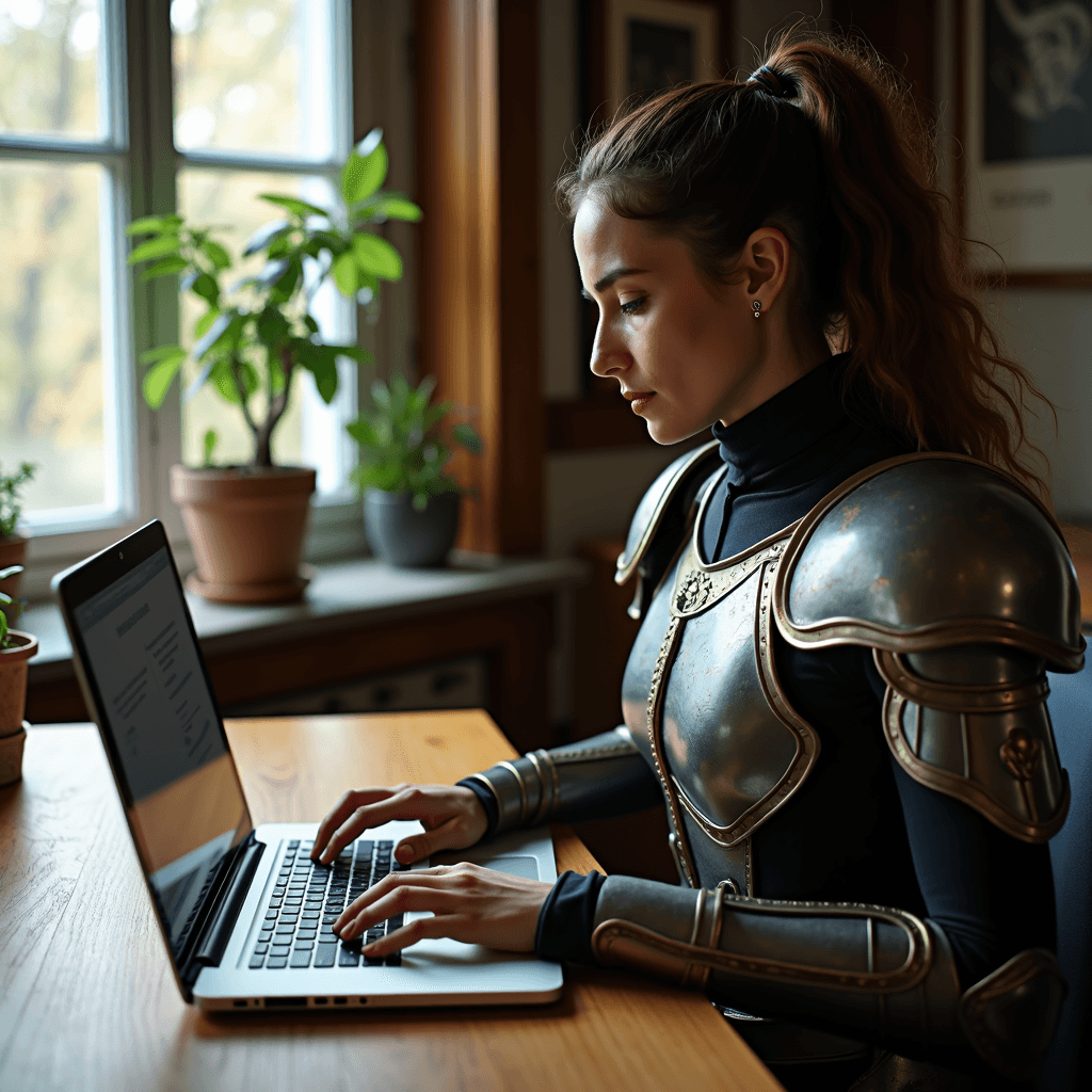 A woman in medieval armor sits at a wooden table using a laptop, surrounded by potted plants near a window.