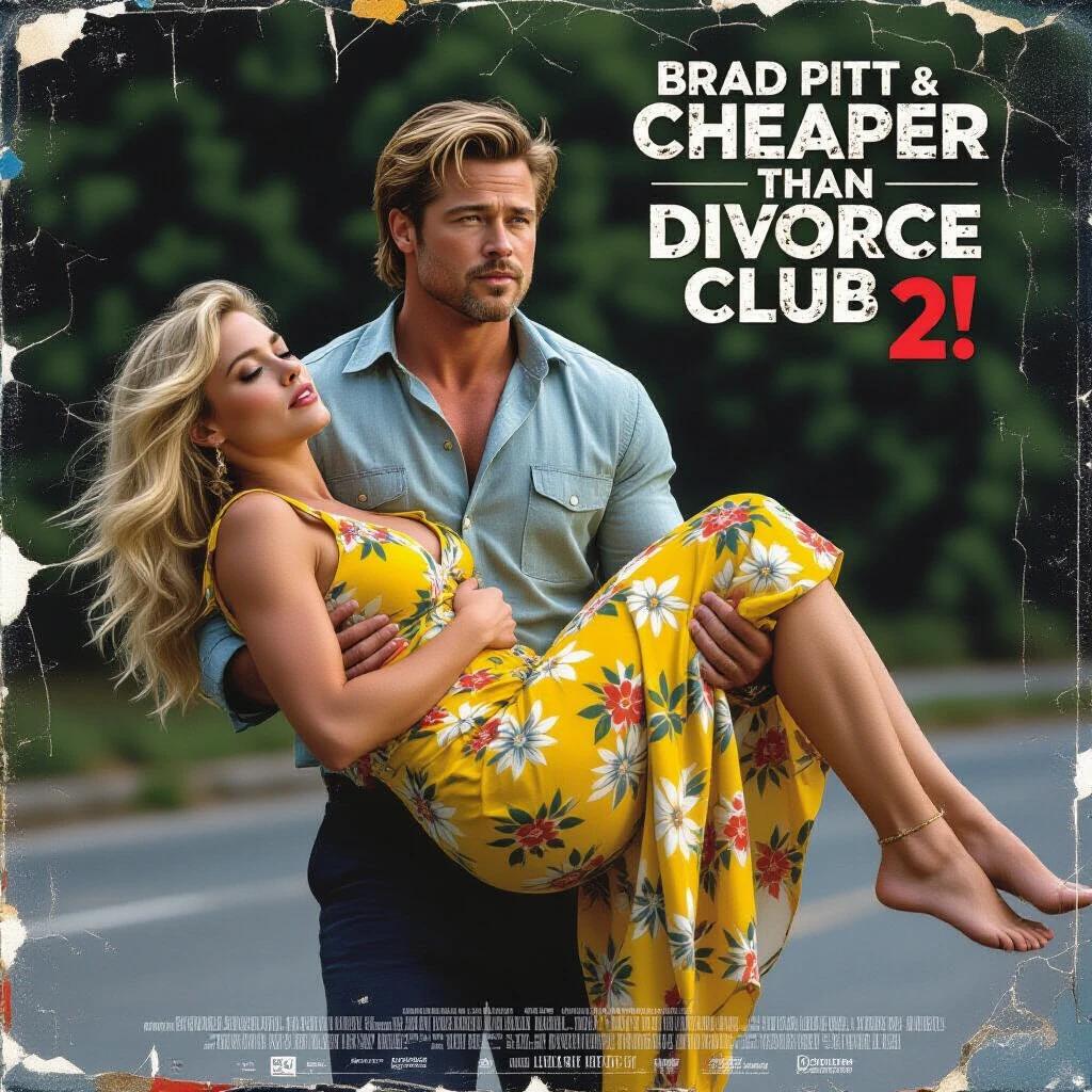Torn and fading movie poster featuring Brad Pitt carrying a blonde woman in a yellow floral sundress. The scene is styled like a classic Hammer Studios film poster. Title reads: Brad Pitt & Margot Robbie in THE CHEAPER THAN DIVORCE CLUB 2. Hyperrealistic details and vibrant colors in a cinematic format.