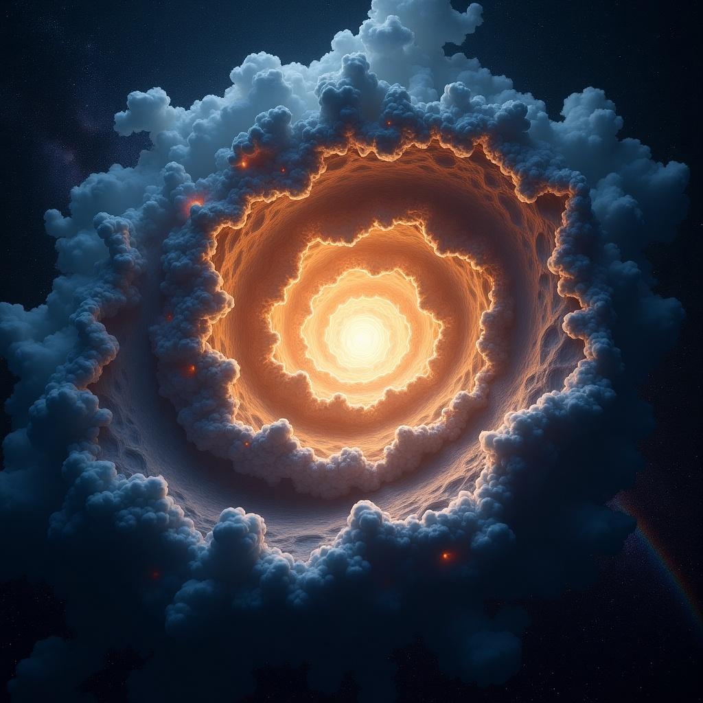 An artistic depiction of an intergalactic spiral made of clouds and glowing light radiating from the center.