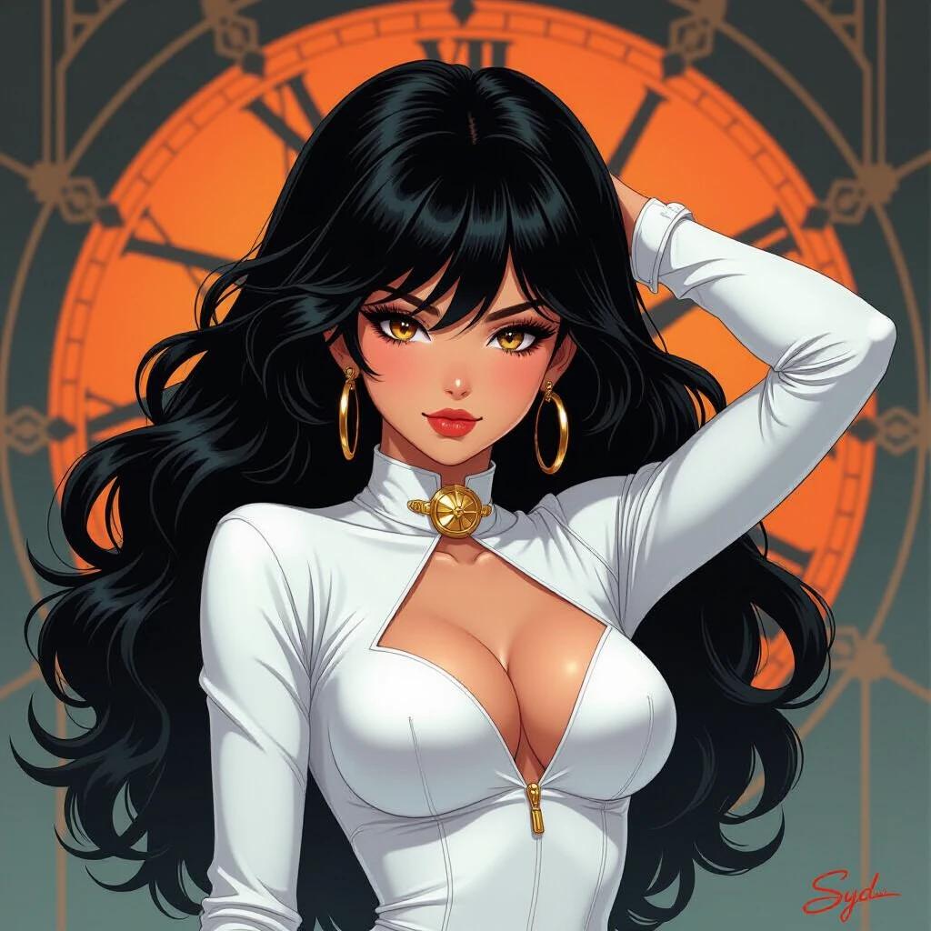 Anime girl in stylish white outfit poses with flirty expression. Background features golden clock design. Focus on curvaceous body and attractive face. Bright colors contrast with dark elements. Style inspired by Syd Mead and Rolf Armstrong. Ethereal, detailed, and expressive illustration.