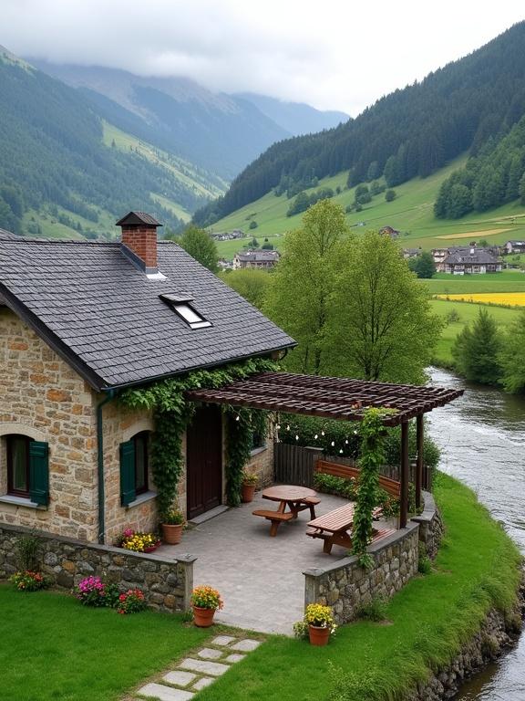 A single-story stone house in a mountainous landscape. The house has irregularly shaped stone walls and dark-framed windows with green shutters. A wooden door is partially covered by green vines. A patio features a picnic table and benches along with potted plants. There is a winding stone pathway with flower beds beside it. A river flows to the right, backed by rolling hills and mature trees under a cloudy sky.