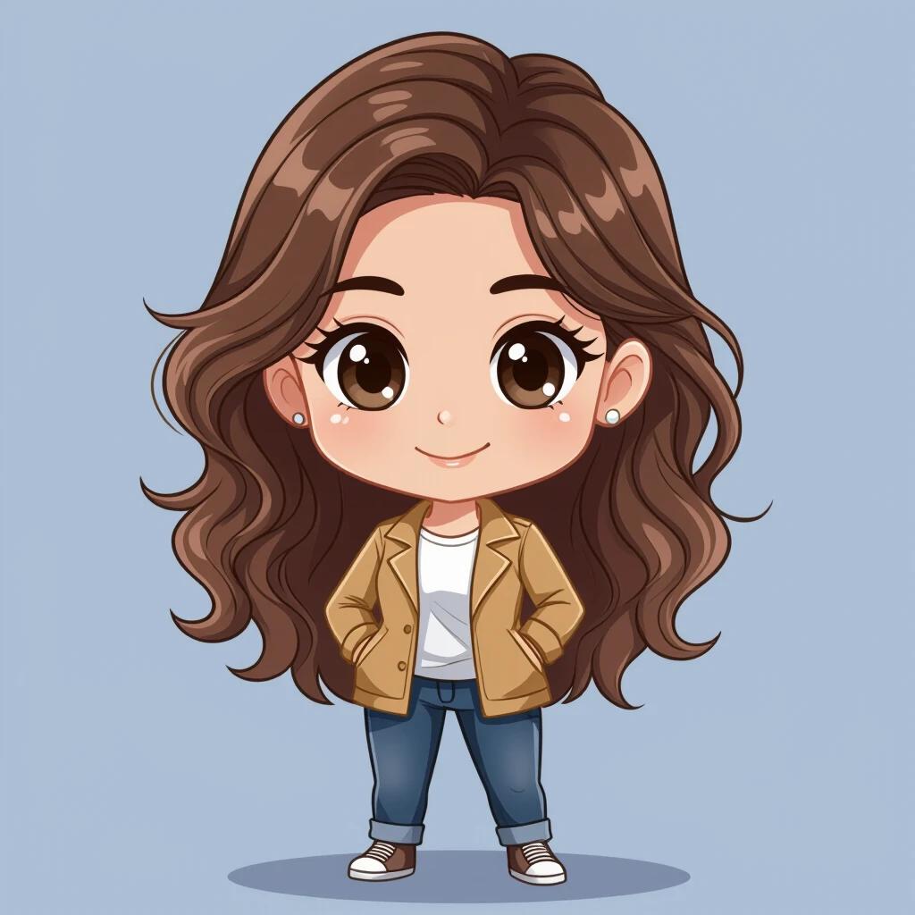 Chibi-style illustration of a character standing with no background. Character has long brown hair, wears a beige jacket, white shirt, and blue jeans. No background present.