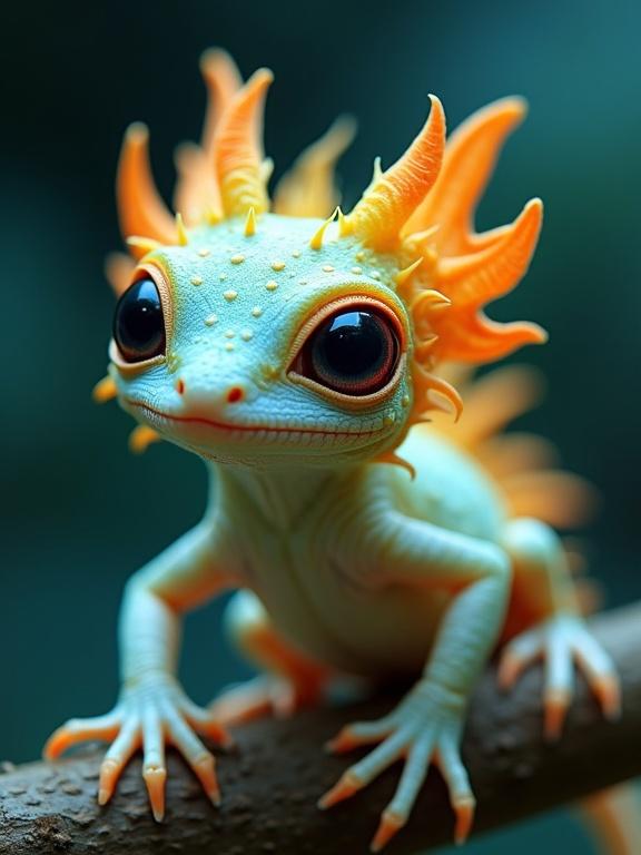 Lizard-like fantastical creature with pale bluish-white skin and ornate orange features. Large red eyes and delicate limbs. Perched on textured brown surface in blurred deep blue and green background.