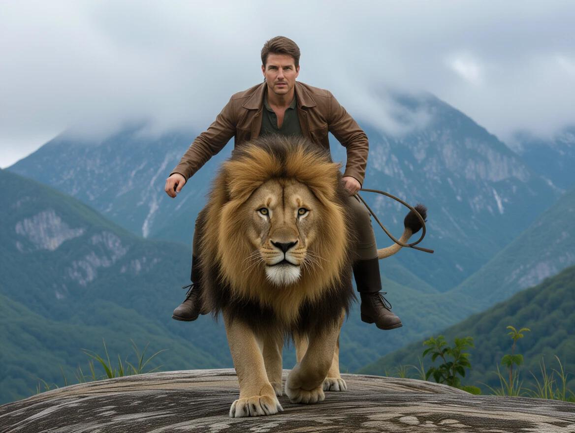 Tom Cruise single character riding a lion. Full body view of a man and lion. Mountain setting. Jungle environment with stone formation. Adventure theme.