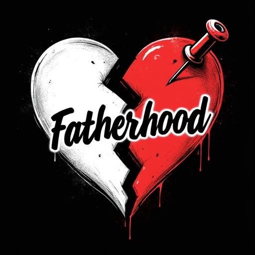 Punk-inspired illustration of a broken heart. The heart has contrasting halves in white and red. A safety pin secures the pieces. Text emphasizes deeper meanings of fatherhood. Set against a black background for intense visual impact.