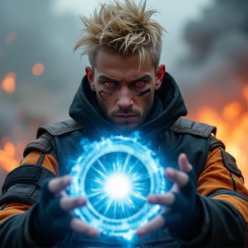 Depiction of a fierce male ninja with spiky blond hair and detailed tactical suit generating a radiant Rasengan. Backdrop includes a smoke-filled battlefield with floating embers and evening light. Dynamic pose highlights sharp features and glowing energy orb.