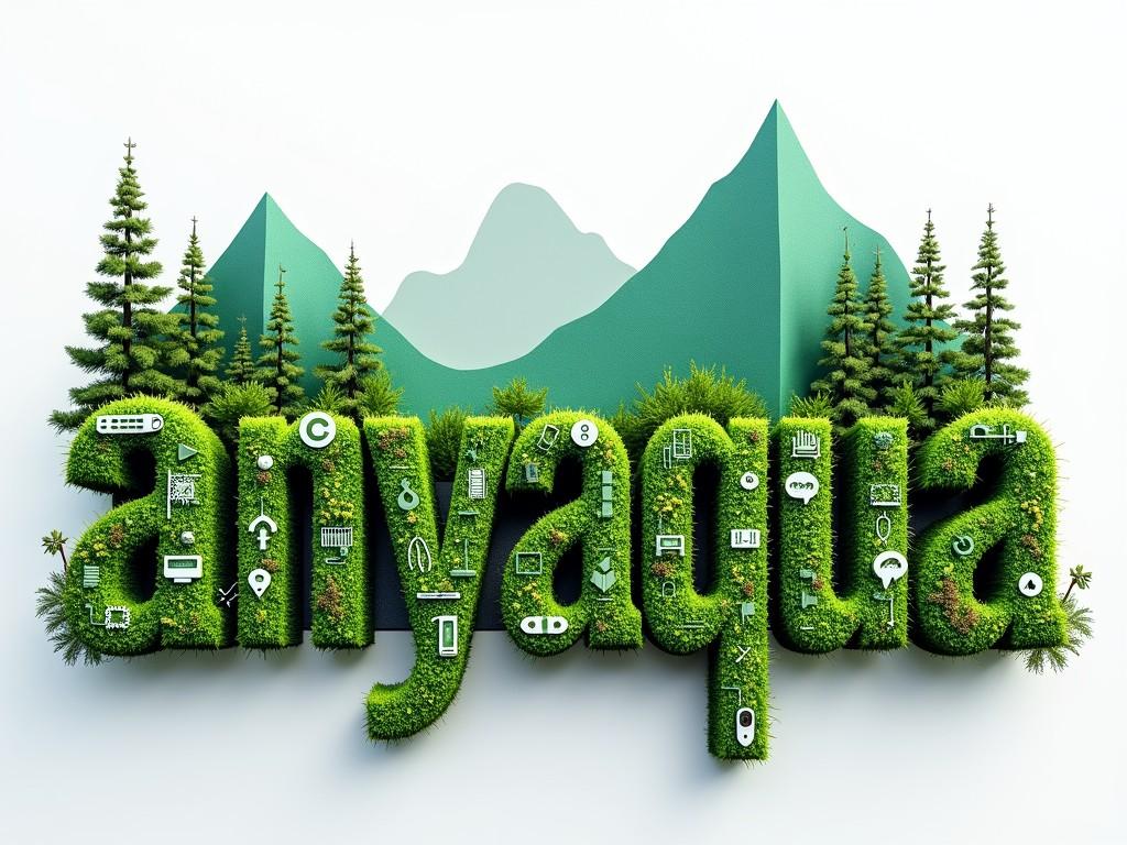 The image features the word "anyaqua" crafted from lush, green foliage, symbolizing a blend of nature and technology. Set against a backdrop of stylized mountain shapes, small evergreen trees enhance the natural theme. Overlaying the text are various tech icons, signifying a fusion of ecology and technology.