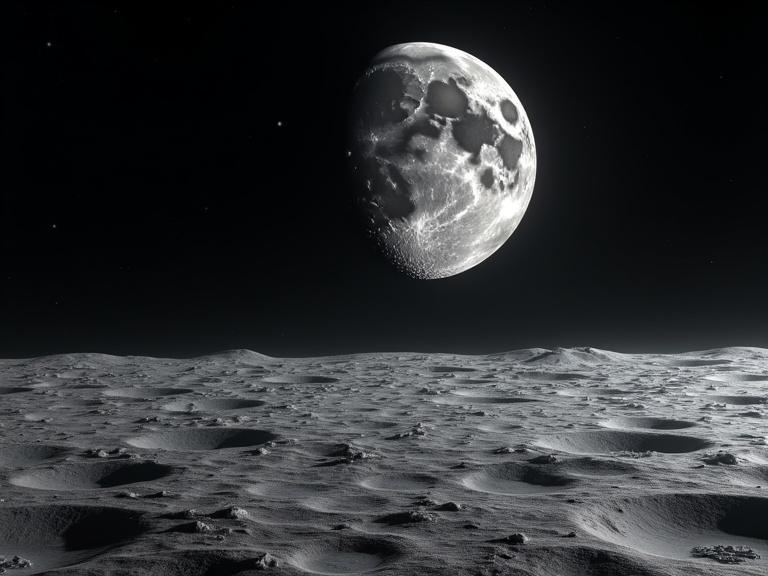 View of the lunar ground with visible craters. Background features a clear space.