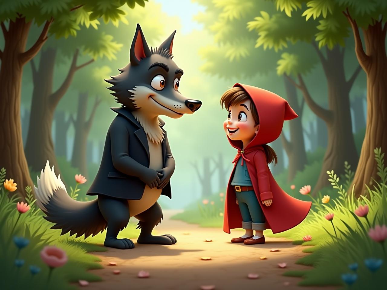 In a lush forest, a cartoonish wolf stands facing forward with its arms down, showcasing a friendly demeanor. The wolf, characterized by its exaggerated features and a sly grin, contrasts with its black suit. Beside the wolf, a little girl in a bright red riding hood stands confidently, smiling up at the wolf. The setting is vibrant, filled with green trees and soft sunlight filtering through the leaves. There are scattered flowers adorning the pathway, adding charm to the scene. The overall atmosphere conveys a whimsical and playful interaction in a fairy tale-like environment.