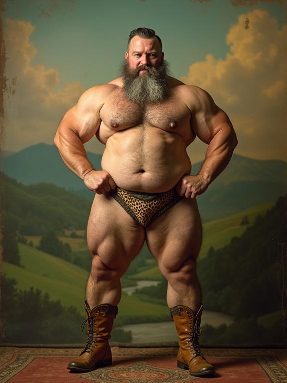Vintage studio portrait of circus strongman. Man aged 60 with muscular build and weathered skin. Framed by silver and charcoal beard. Wears leopard-print posing strap and leather boots. Romantic pastoral backdrop. Low angle shot with soft lighting.