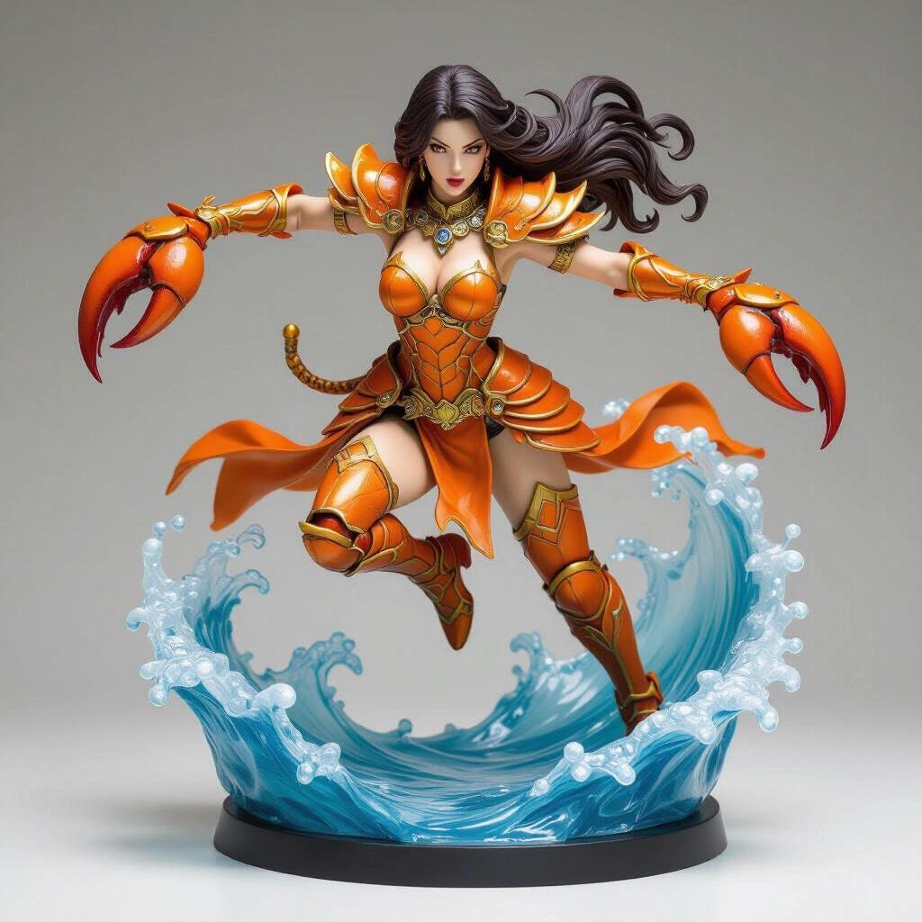 Highly detailed resin figurine of Cancer zodiac goddess. Crab-inspired armor with glossy finish. Mid-air leap attack with claw daggers up. Intense expression and focused gaze. Long hair billowing. Circular base simulates wave of water. Realistic style and collectible figure.