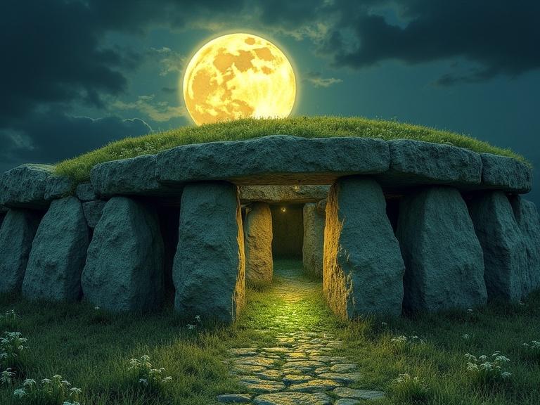 An ancient mound with a full moon above it. The structure glows with sacred light. A cannabis plant blooms at the center. Celtic fusion style with enchanted realism.