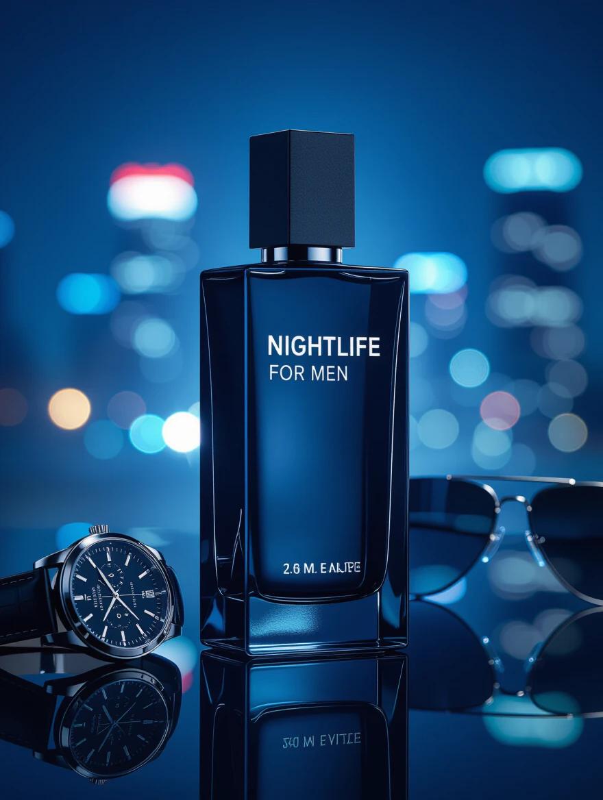 Product photo of a men’s perfume bottle named Nightlife for men in a sleek studio setup. Tall rectangular dark glass bottle with matte black cap and silver lettering. Label features bold modern font. Slight reflection on the surface. Nearby wristwatch and sunglasses add a masculine vibe. Smooth black surface and blurred city lights in the background. Moody and cool lighting with soft blue highlights and deep shadows. Centered at eye level.