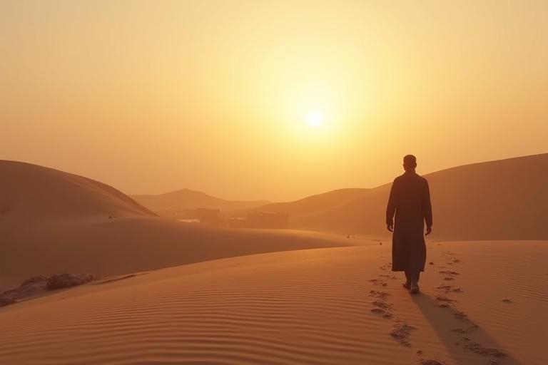 A person walks away in a quiet desert landscape at sunrise. Soft sunlight shines over the scene, highlighting the calm path behind them. The image captures a feeling of humility and reflection, symbolizing quiet trust and sincerity.