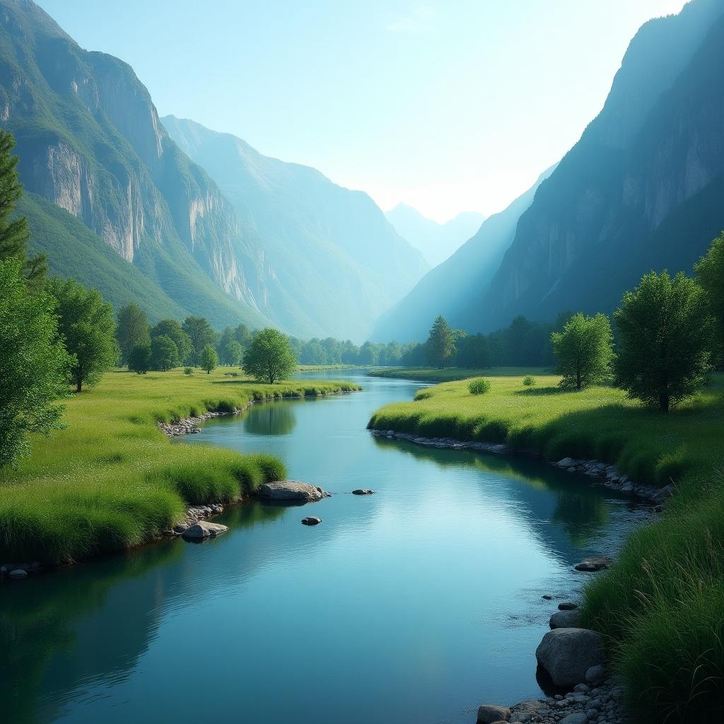 A serene landscape featuring a winding river surrounded by green hills and towering mountains. Soft sunlight illuminates the scene creating a tranquil atmosphere. The water reflects the surrounding greenery and mountains, creating a harmonious vision of nature.