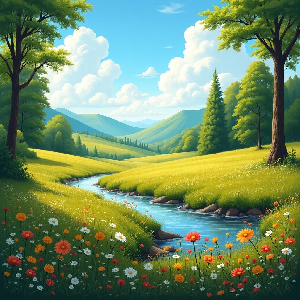 Vibrant landscape featuring a river surrounded by lush green hills and colorful flowers under a bright blue sky.