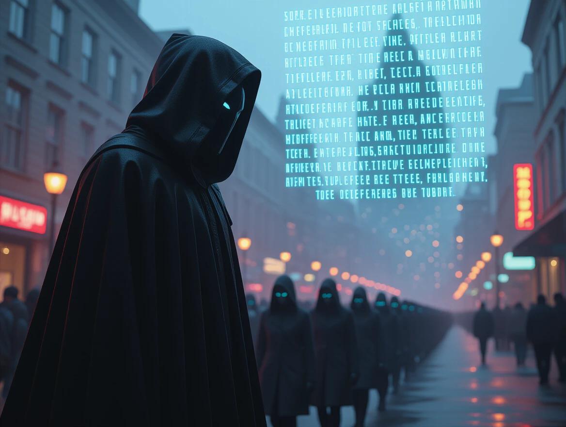 Rows of humans march in sync in a foggy city. A dark cloaked entity whispers words that appear in the air. Faces are emotionless. The color palette is minimalist. The scene has cinematic lighting and an oppressive mood. Macro shot of the setting is included.