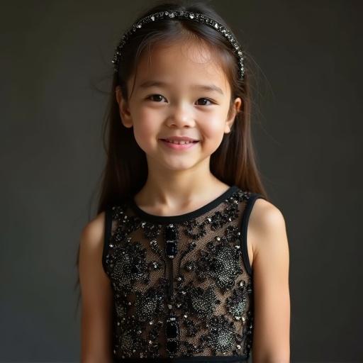Girl wearing a sleeveless top embellished with black stones and threads of gold. The girl has a chic style showcasing her elegant outfit. The setting is softly lit focusing on the top's intricate details.