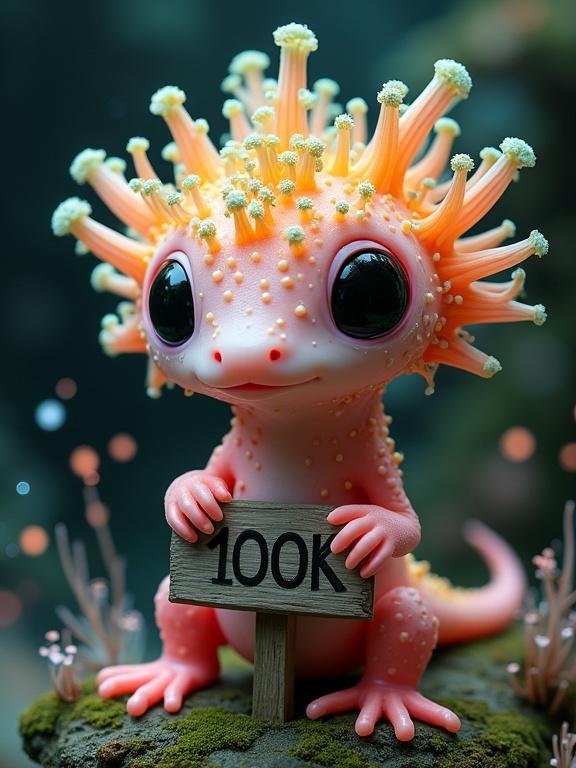 A whimsical creature blends features of an axolotl with colorful coral and alien flora. It has a light pink body, bright orange head, and is adorned with mushroom-like structures. Enormous black eyes give it a cute expression. It holds a wooden sign saying '100K' and sits on a mossy rock with a dark, glowing background.