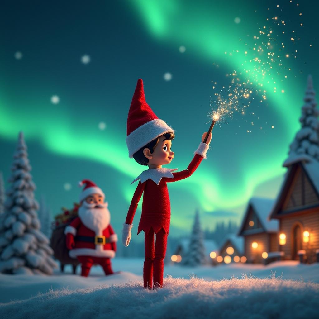 The image features an elf on the shelf standing with his back to the viewer, directed towards the vibrant sky. He is using a wand to write in magical sparkles, 'Peyton and Kaleb I’m coming back.' The background is adorned with beautiful northern lights that cast a mystical glow. In the distance, Santa Claus can be seen, adding to the festive atmosphere. Snow-covered ground and whimsical houses enhance the Christmas scenery, making the entire scene warm and inviting.