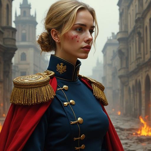 Portrait of a young woman with blonde hair styled in a simple bun with strands framing her face. Several red scratch-like scars on her cheek. She wears an Imperial Guard officer uniform: a long dark blue/black tunic with massive golden shoulder pads adorned with skulls, red trimming, and a large golden Aquila on her chest. Leather belt with skull head buckles. A red cape is visible. Background features a ruined Gothic city engulfed in flames. Epic digital painting style.