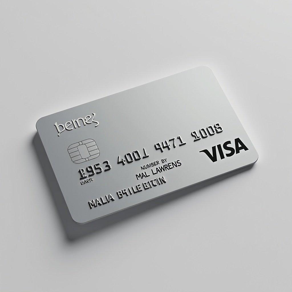 Realistic credit card image showing details. Visa logo displayed prominently. Card number 4063049961880708 below the logo. Cardholder name Mal Lawrens printed correctly. Expiry date July 2027 at the bottom. Modern sleek design with silver background and black font.