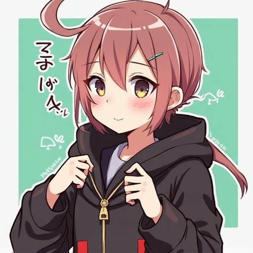Character design of an anime-style young person with brown hair and a light expression. Wearing a black zip-up hoodie. Cute and approachable demeanor. Background features soft green tones.