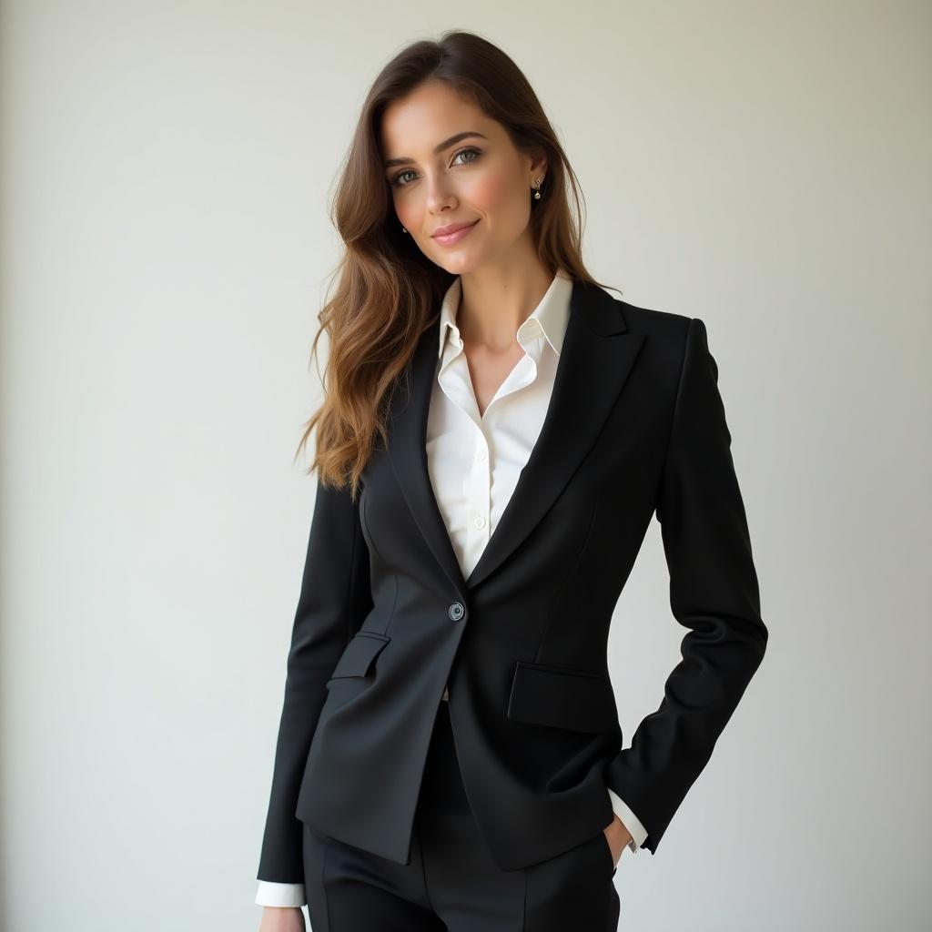 Curvy lady dressed in a professional outfit. Suit consists of tailored blazer and fitted pants. Outfit is complemented by a formal shirt. The subject exudes confidence and professionalism.