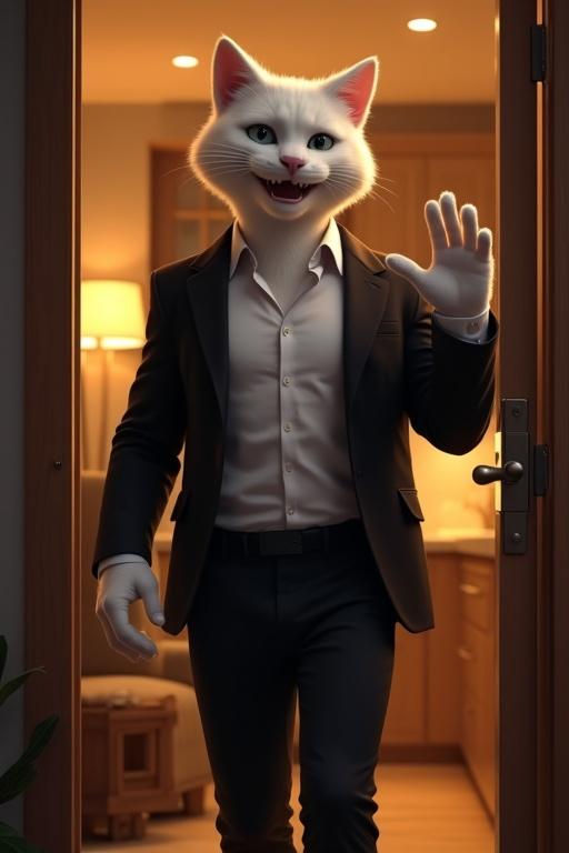 A muscular white male anthropomorphic cat with smooth fur. The cat is confidently walking through the front entrance of a warmly lit house at night. He wears a dress shirt, an open blazer, and trousers. One hand is raised in a wave, with a cheerful expression. The background shows a cozy modern interior glowing with warm ambient lighting.