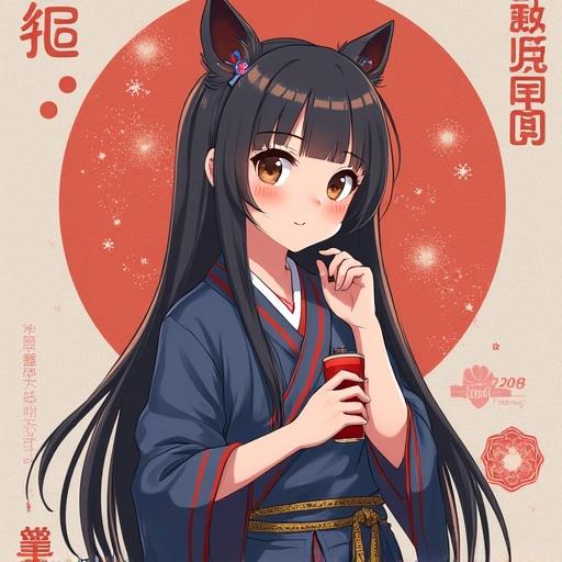 Anime girl with cat ears in a traditional outfit. Character holds a drink and has long dark hair. Background is red circle. Illustrates Japanese culture and anime aesthetics.