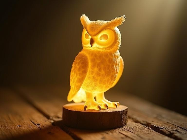 A glowing owl figurine with smooth crystal-like texture sits on a rustic wooden base. It emits soft, warm light tones of golden yellow and amber. The piece radiates an inviting and tranquil atmosphere. The owl is slightly blurred in composition, enhancing a dreamy feel. It brings forth a sense of mystery and wisdom emblematic of owls.