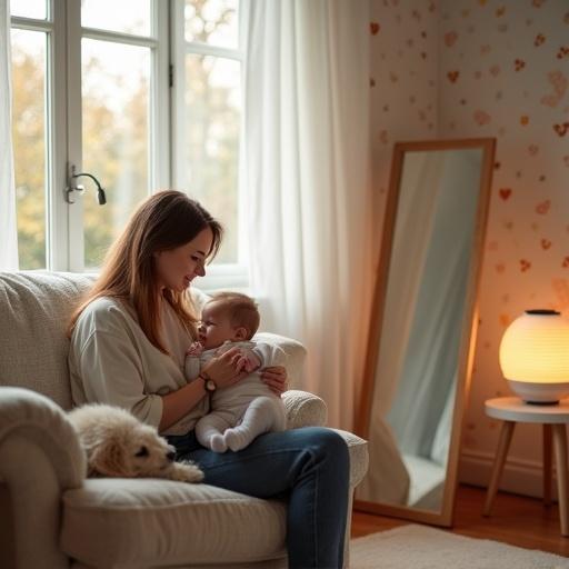 Young European mother sits on sofa holding baby. Large window behind with soft sunlight. Mother feeds baby with a bottle. She wears a watch. Tall mirror reflects them. Glowing air purifier on table. Nursery-themed wallpaper and decor in the room. Fluffy dog in background. Warm, peaceful atmosphere in the image.