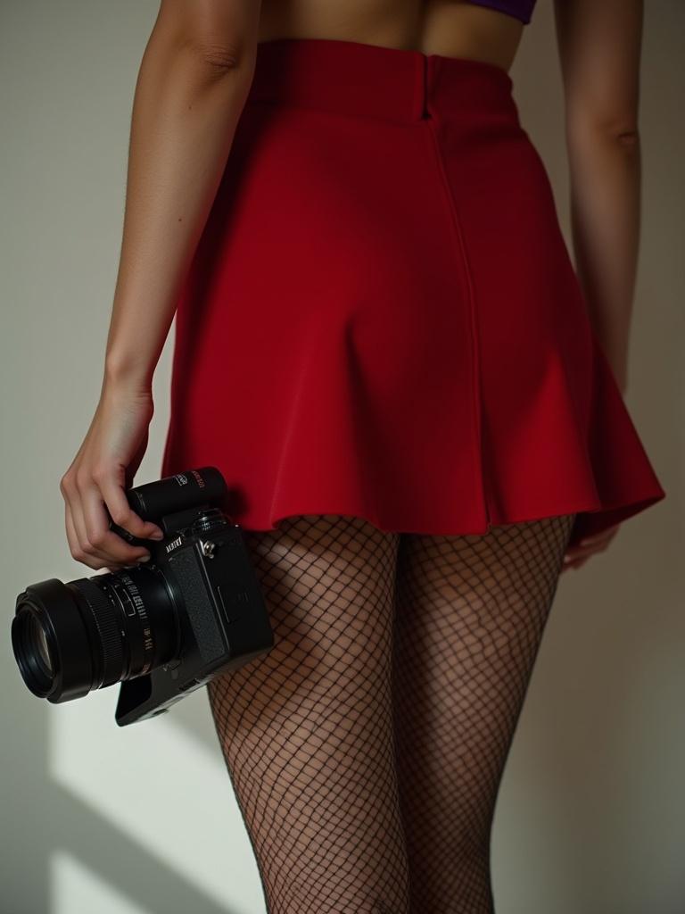 A person wears a red skirt and fishnet stockings. They hold a camera by their side. Soft lighting creates gentle shadows. The angle shows the person from the side.