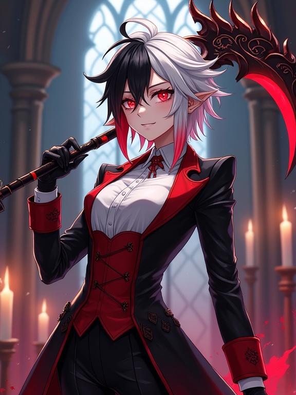 Official Genshin Impact art style. Female character Arlecchino full-body portrait. Sharp asymmetrical black-and-white hair with crimson tips. Glowing red cross-pupil eyes. Pale skin. Elegant black tailcoat with crimson accents. High-necked white shirt. Red corset waist. Black gloves with claw-like metallic fingertips. Standing confidently in dramatic pose. Holding dual-bladed scythe weapon wreathed in dark flames. Sinister yet aristocratic expression. Slight smirk. Gothic cathedral background with stained glass and candlelight. Dark fantasy atmosphere. Volumetric lighting. Intricate details. Cel-shaded anime style.