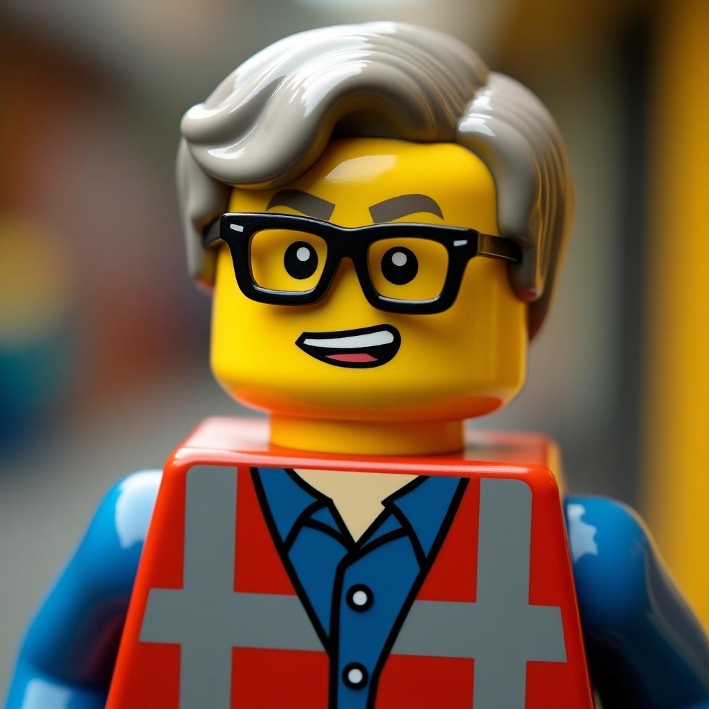 Lego style figure in glasses with a mature appearance. Character designed for playful representation in children's entertainment.