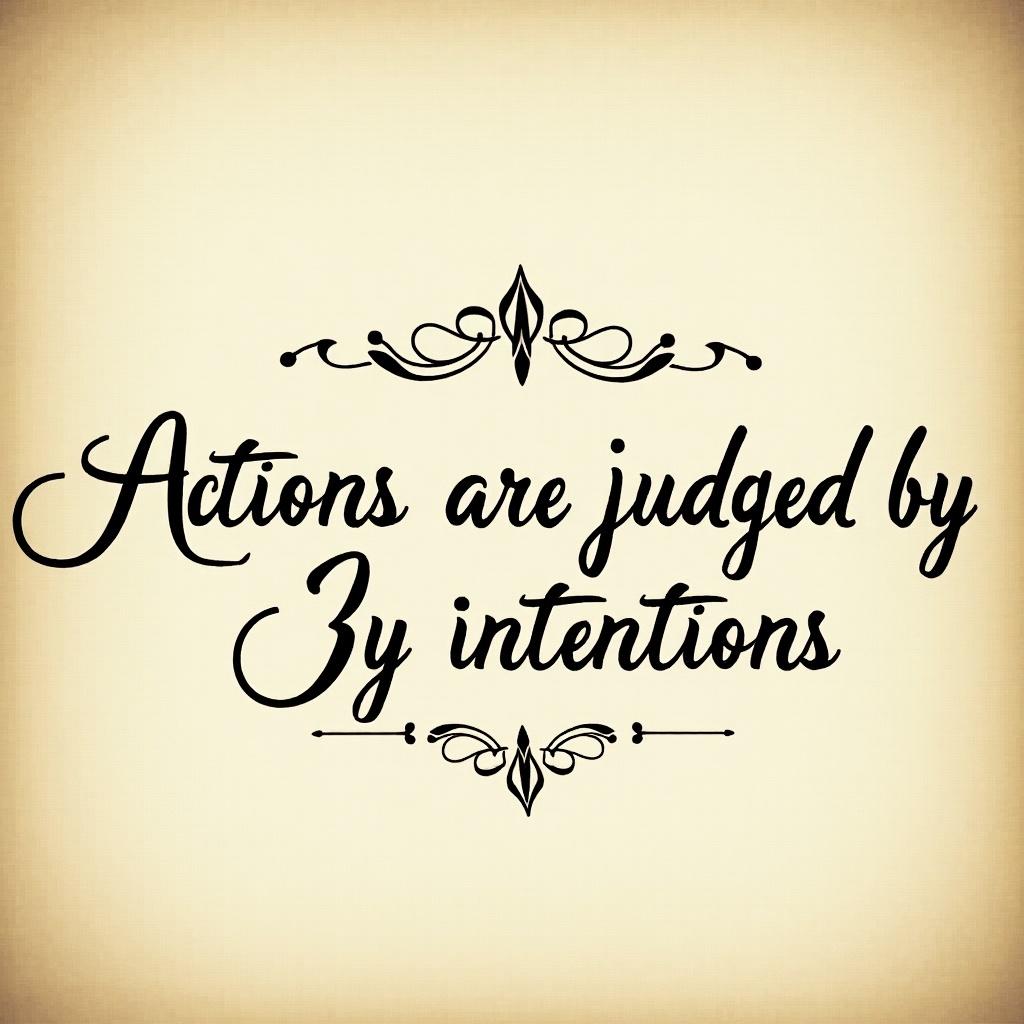 The image features an elegant design with the quote 'Actions are judged by intentions' prominently displayed. The text is in a stylish, cursive font that adds a sense of sophistication and inspiration. The background is a soft cream color, providing a warm ambiance. This quote reflects a philosophical perspective on morality and integrity. It serves as a reminder of the importance of intention behind actions.