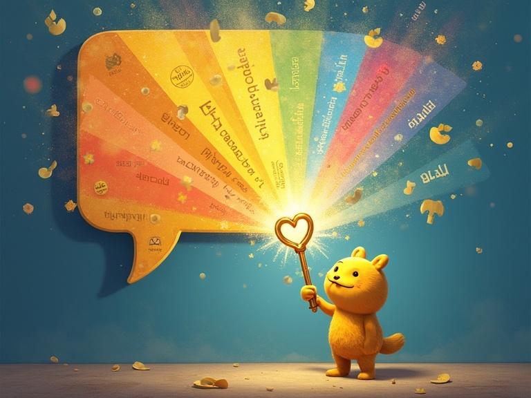 A golden key labeled Unlock fits into a chat bubble. The chat bubble bursts into a rainbow of translated languages. Kiki is nearby celebrating.