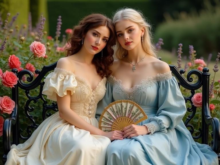 A portrait influenced by Pre-Raphaelite style featuring two elegant women in a lush garden. One has dark auburn hair and wears a cream gown, the other has platinum blonde hair and wears a pale blue silk gown. They sit on an ornate black bench surrounded by roses and lavender in warm afternoon light. The composition conveys intimacy and tension with soft colors and intricate details.