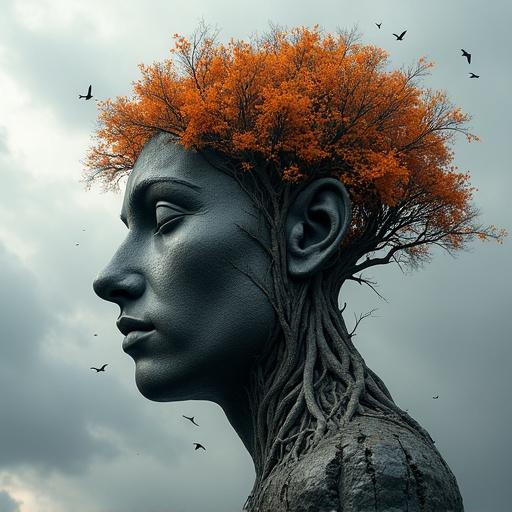 Surreal sculpture concept featuring a human face in profile. One half carved from dark stone while the other half transitions into a living tree with autumn foliage. Birds are flying in the background, set against a dramatic sky. The piece symbolizes the connection between humanity and nature, decay and growth. Highly textured and photorealistic.