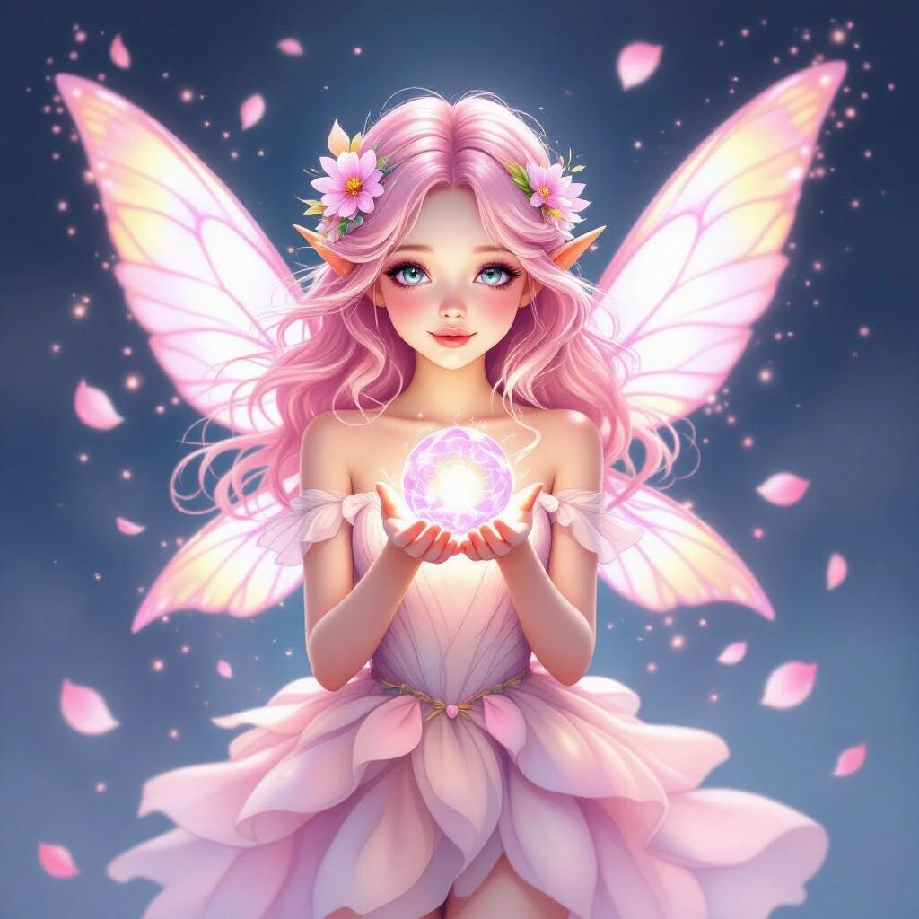 Watercolor illustration depicts a magical fairy girl. She wears a pastel pink petal dress. Her wings are translucent and glowing. She holds a flower orb. Surrounded by sparkles and floating petals. The background is a gradient of soft colors. Ideal as clipart.