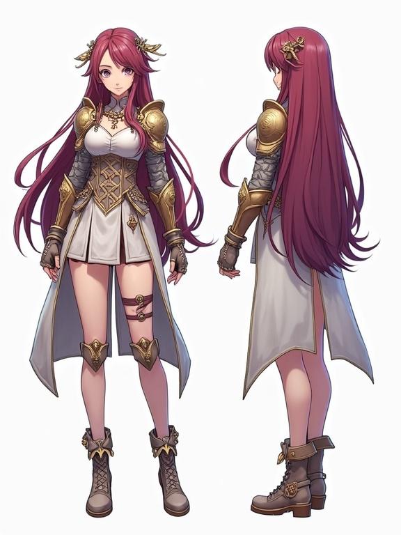 2D anime-style digital illustration character reference sheet. Female RPG hero inspired by RPG Maker 2000. Detailed fantasy outfit with layered armor elements and magical accessories. Long flowing hair. Includes front and side views with clear model sheet poses for 3D modeling. Clean lineart and vivid colors. Background is plain.
