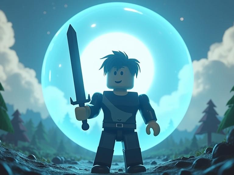 Thumbnail for a Roblox action role-playing game. A Roblox character stands in a landscape, surrounded by a glowing blue and white defense sphere, holding a sword. Background features trees and a daytime sky.