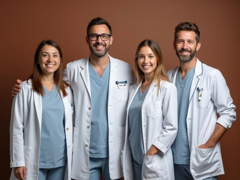 Wide group photo of dentists. Professional appearance with a brown background. Dentists in white coats and scrubs. Smiling and posing together. Four dentists are present.