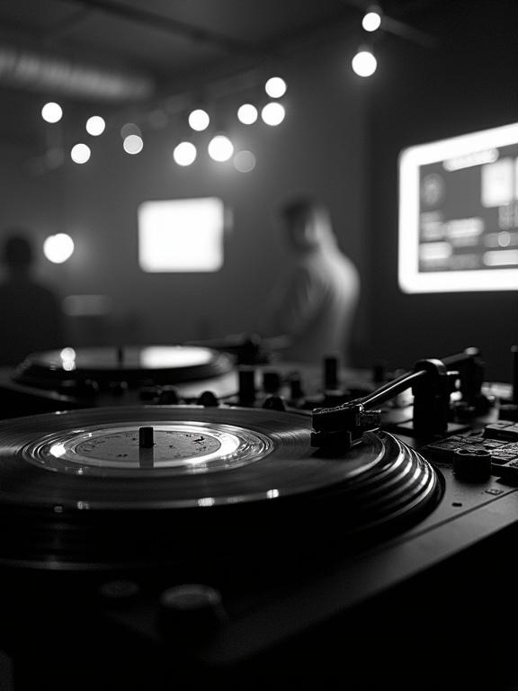 Artistic silhouette of a nightclub in black and white with abstract party lights creating strong contrasts. Retro futuristic style with notable iconography: floating vinyl records, analog synthesizers, vintage speakers, tangled cables, and soft neons. Nostalgic and dynamic atmosphere with 80s aesthetics and minimalist touches.
