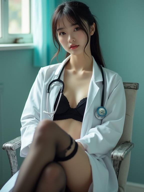 Young Chinese female doctor sitting on a chair wearing a white coat with a stethoscope. Attire includes black lingerie and stockings. Gentle light enhances the atmosphere. The photo focuses on her legs.