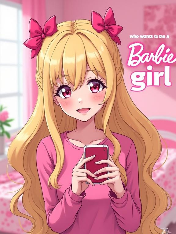 Cheerful anime illustration of a young woman with long blonde hair styled with pink bows. Wearing bright pink outfit. Smiling gently while holding smartphone. Set in a soft pink-themed room. Background features bold text expressing a playful vibe.