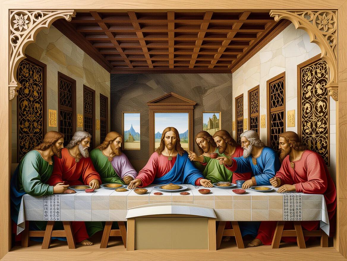 Marquetry relief features Da Vinci's Last Supper. The artwork showcases intricate details in wood carving style. Textures highlight the iconic biblical scene. Evokes warmth through monochromatic tones and craftsmanship.